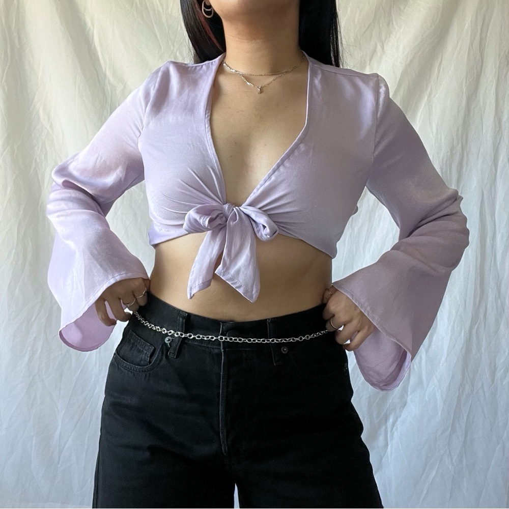 Lavender Satin Tie-Front Bell Sleeve Top